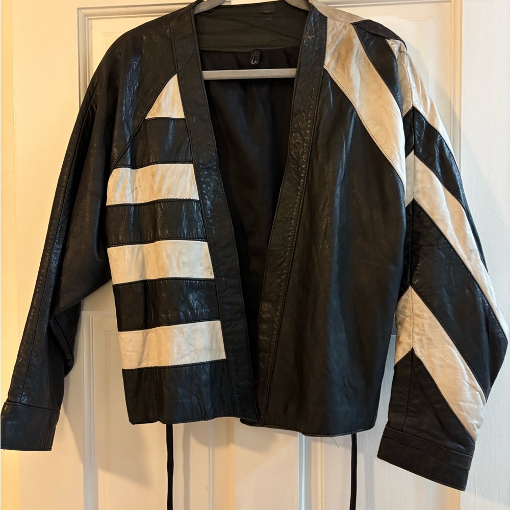 Vintage handmade hand stitched fine real leather jacket two tone white stripe - Picture 3 of 15